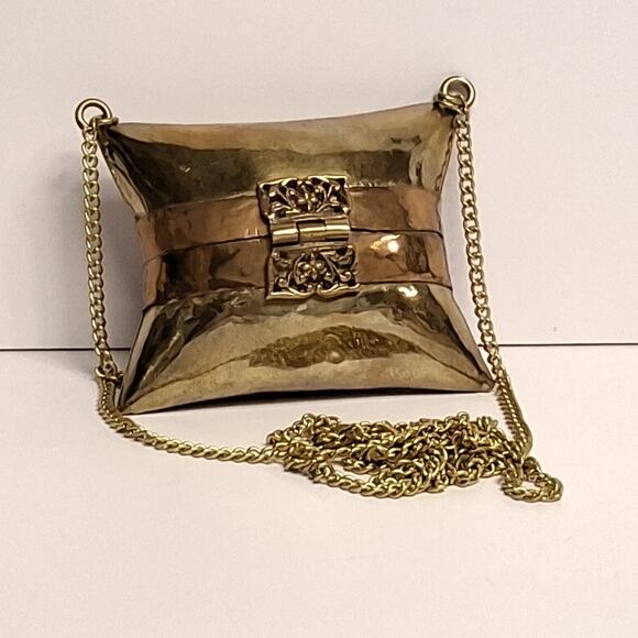 Vintage Copper & Brass Pillow Purse Handbag w/ Chain 17" DropBrown Velvet Lining - Picture 2 of 4